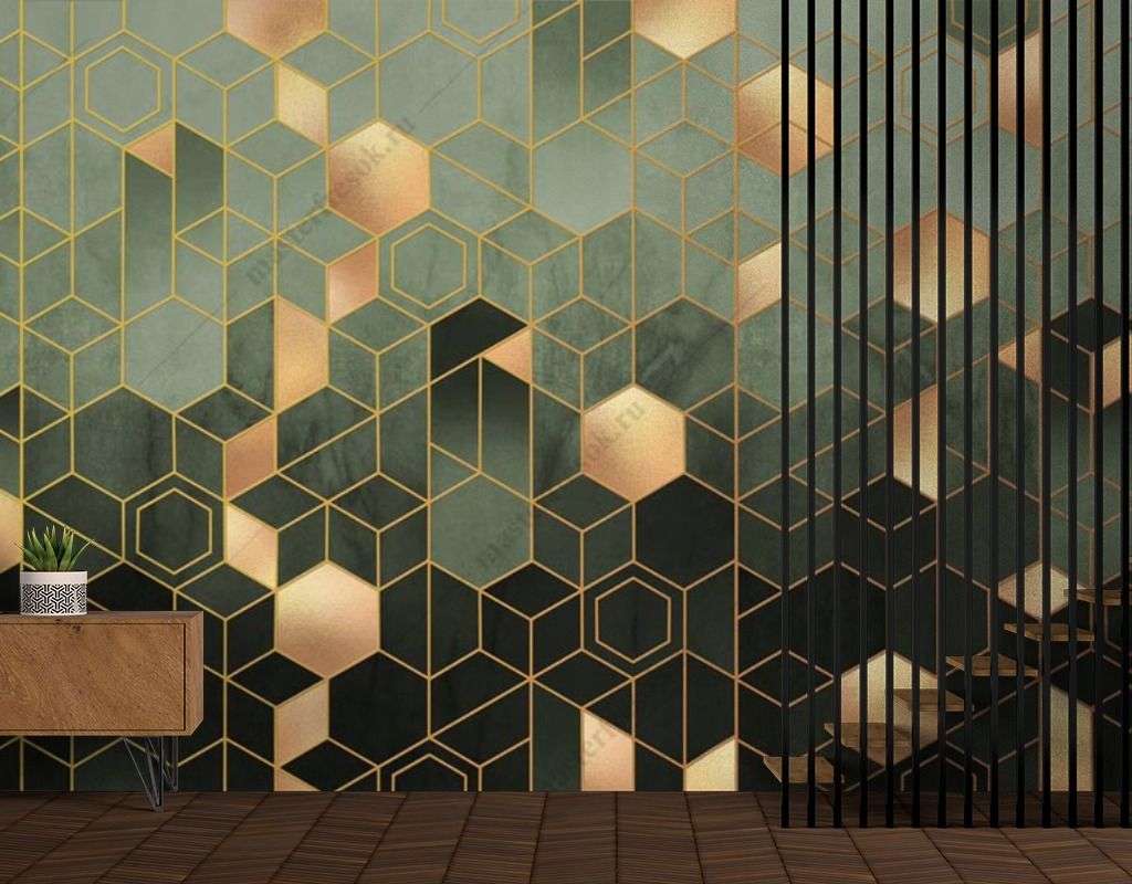 Фотообои в интерьере геометрия шестиугольники золотые  9-1511 фото