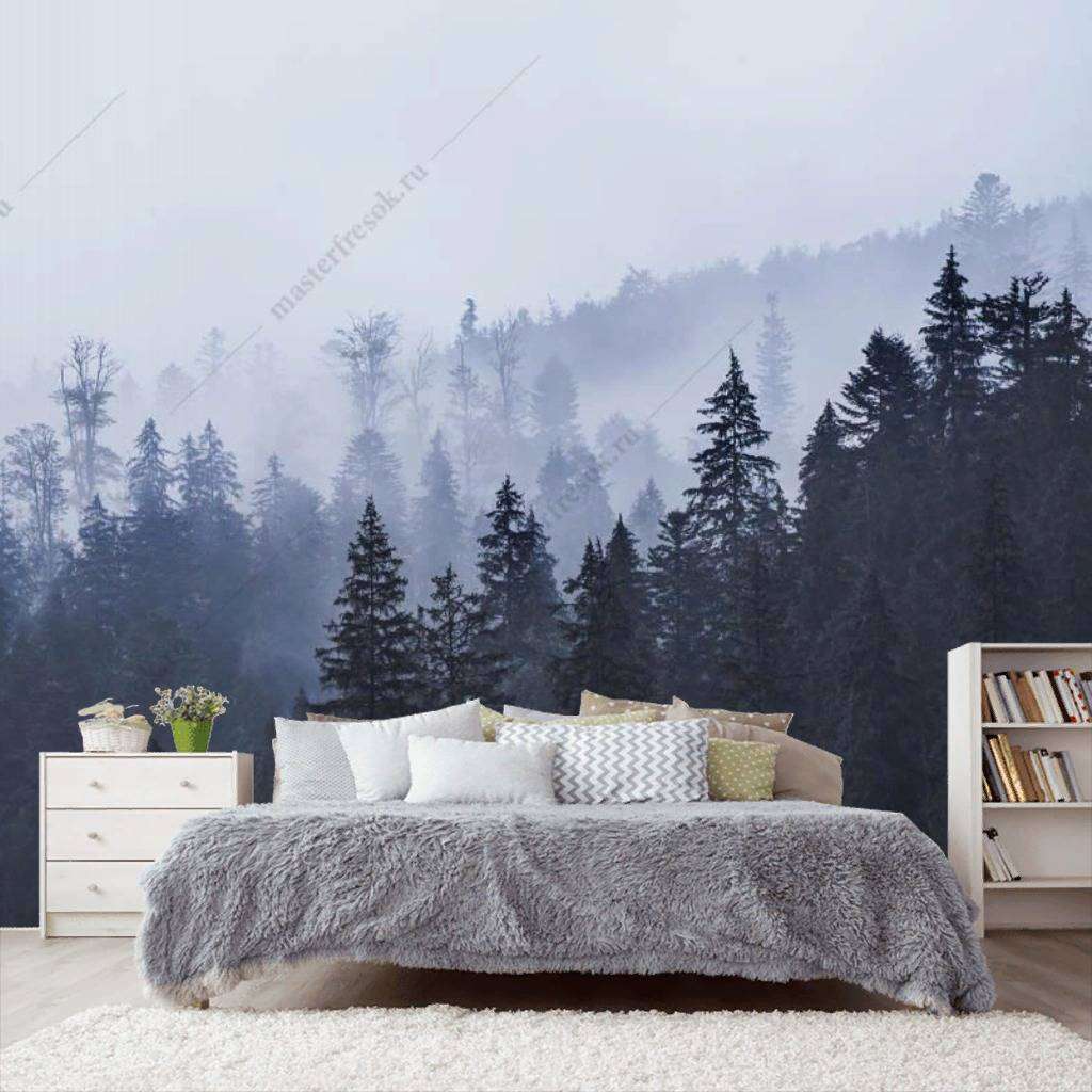 Фотообои в интерьере еловый лес в тумане  9-1170 фото