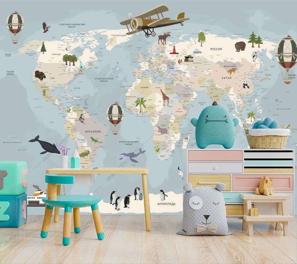 Фотообои в интерьере карта мира на голубом фоне  12-1318 фото