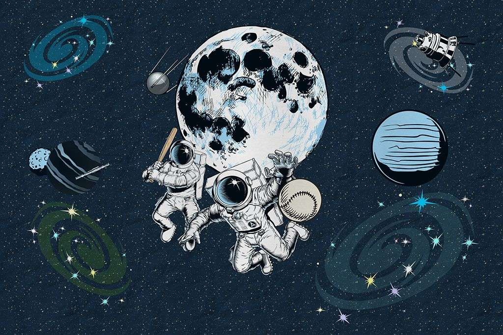 Фотообои в интерьере в детскую: космонавты-бейсболисты.   14-739 фото