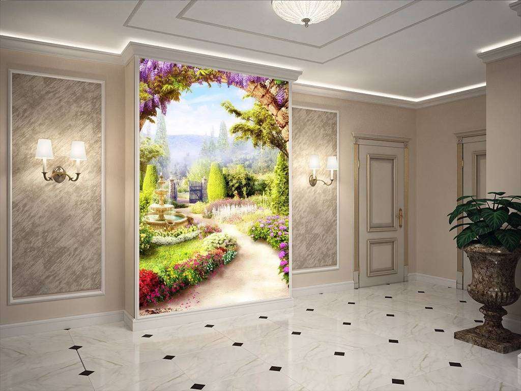 Фотообои в интерьере арка в сад с фонтаном  17-0124 фото