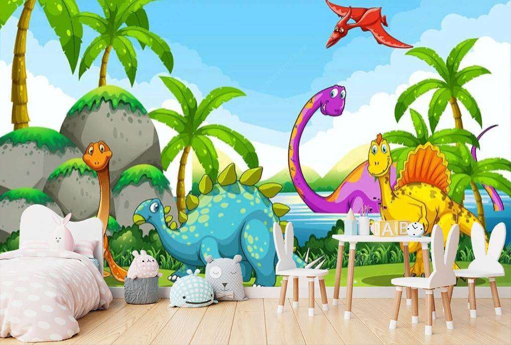 Фотообои в интерьере динозавры в лесу  15-629 фото