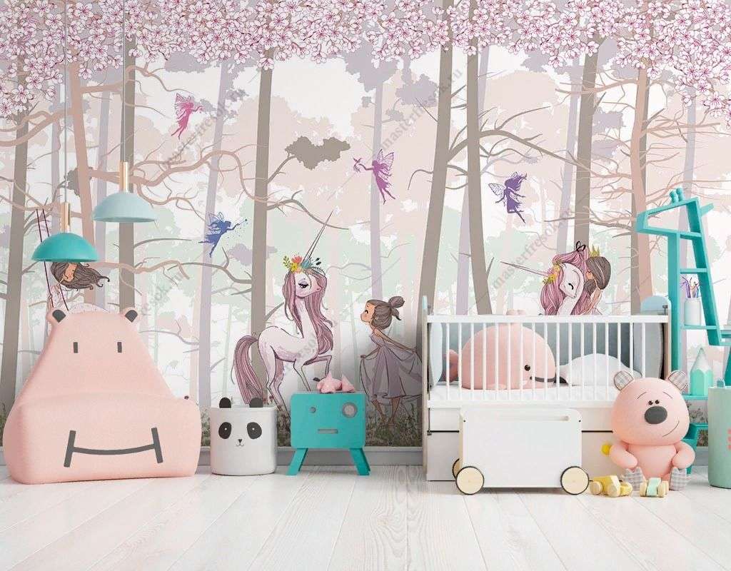 Фотообои в интерьере принцесса и единорог в лесу  14-313 фото