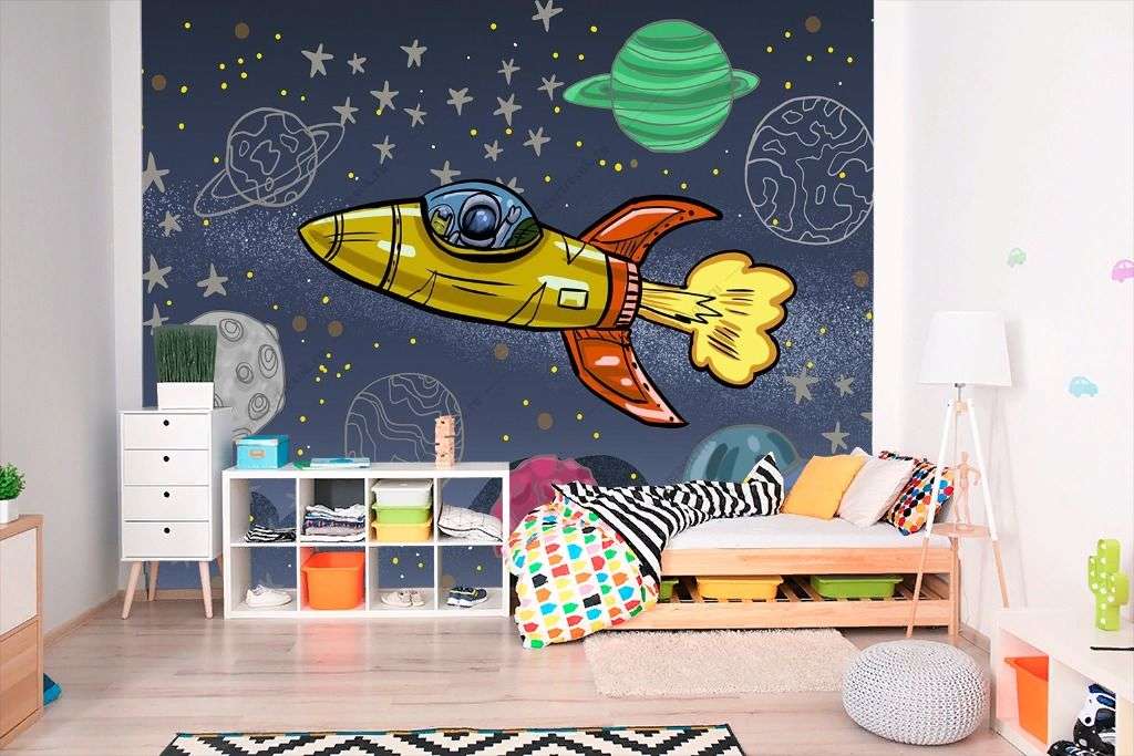 Фотообои в интерьере космос с желтой ракетой  14-661 фото