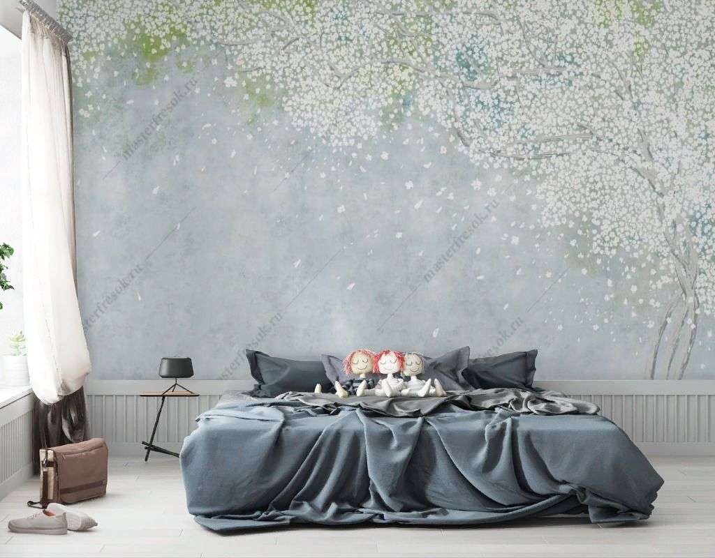 Фотообои в интерьере цветущая яблоня на сером фоне  9-1695 фото