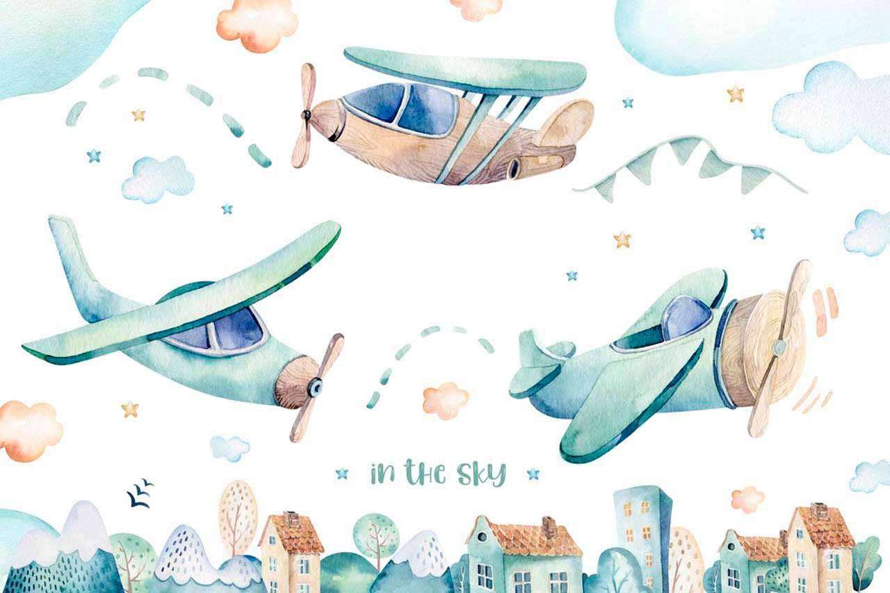 Фотообои в интерьере самолеты над городом акварелью  12-359 фото