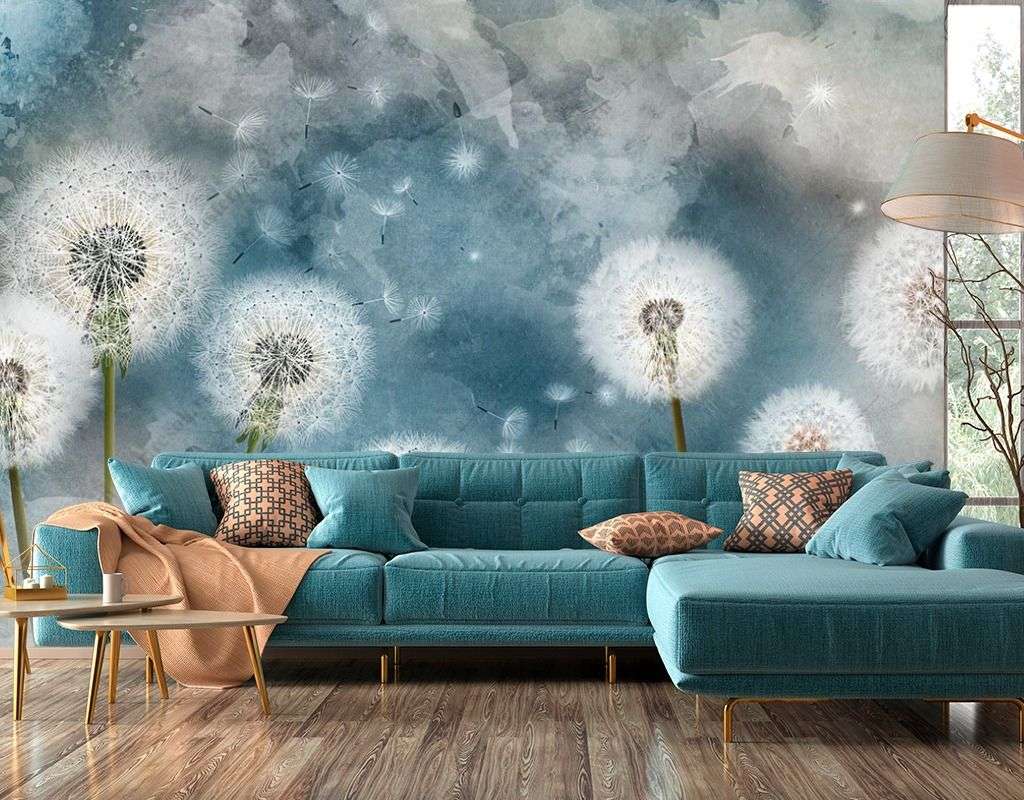 Фотообои в интерьере одуванчики на синем фоне  14-476 фото