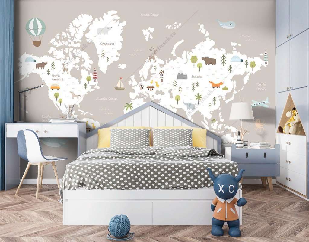 Фотообои Бесшовные обои на стену:  Карта мира в детскую. Артикул: 14-396  