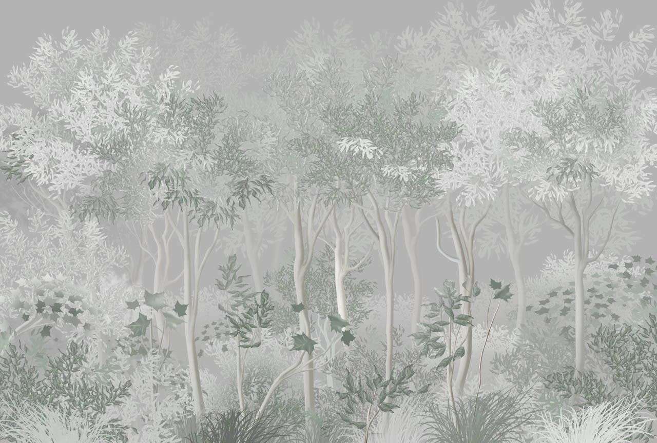 Фотообои в интерьере в гостиную лес серый   13-672 фото