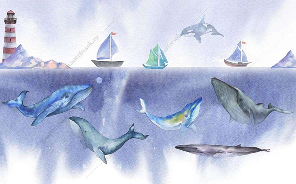Фотообои в интерьере подводный мир китов  16-034 фото