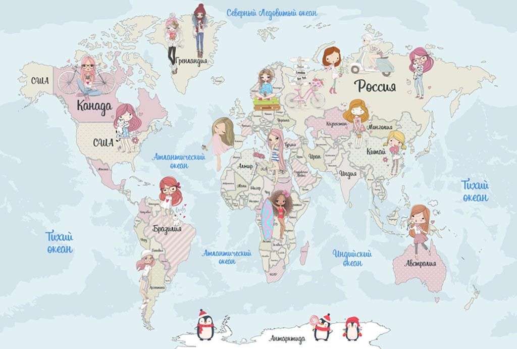 Фотообои в интерьере карта с девочками  12-994 фото