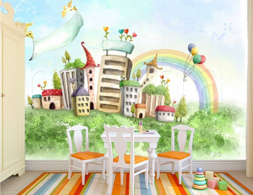 Фотообои Радуга и воздушные над городом  12-298