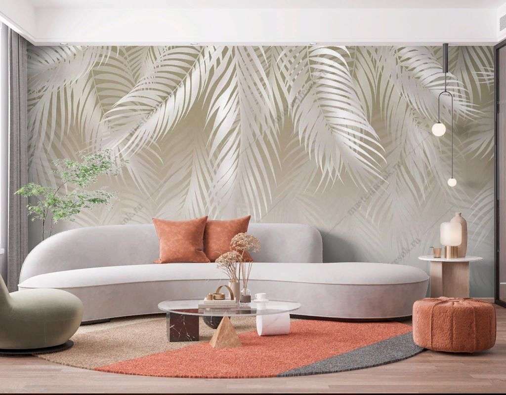 Фотообои в интерьере светло-бежевые перья  14-546 фото