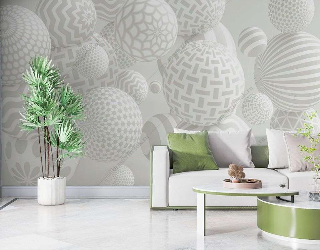 Фотообои в интерьере объмные 3d шары с рисунком  10-984 фото