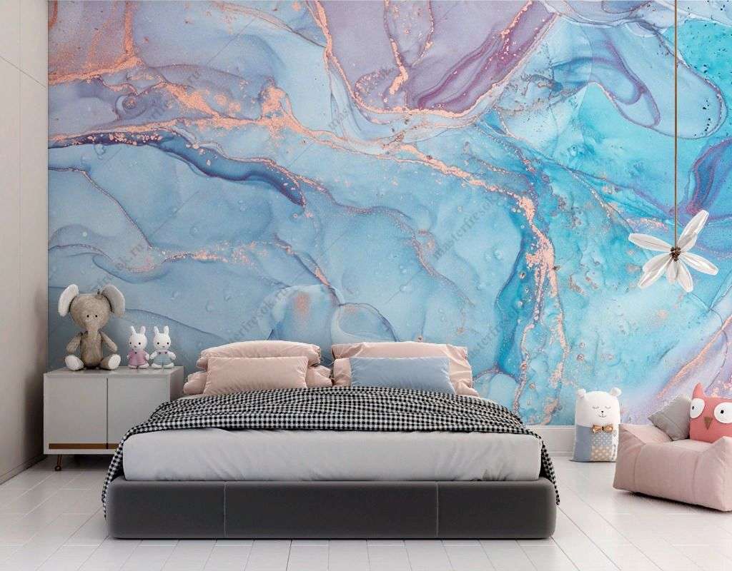 Фотообои в интерьере мрамор голубой с золотыми прожилками  9-1790 фото