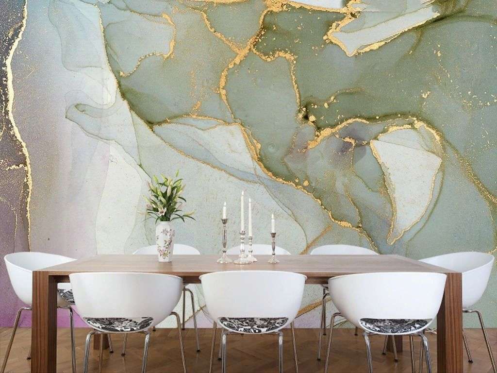 Фотообои в интерьере флюид арт серо-зеленый  9-2027 фото