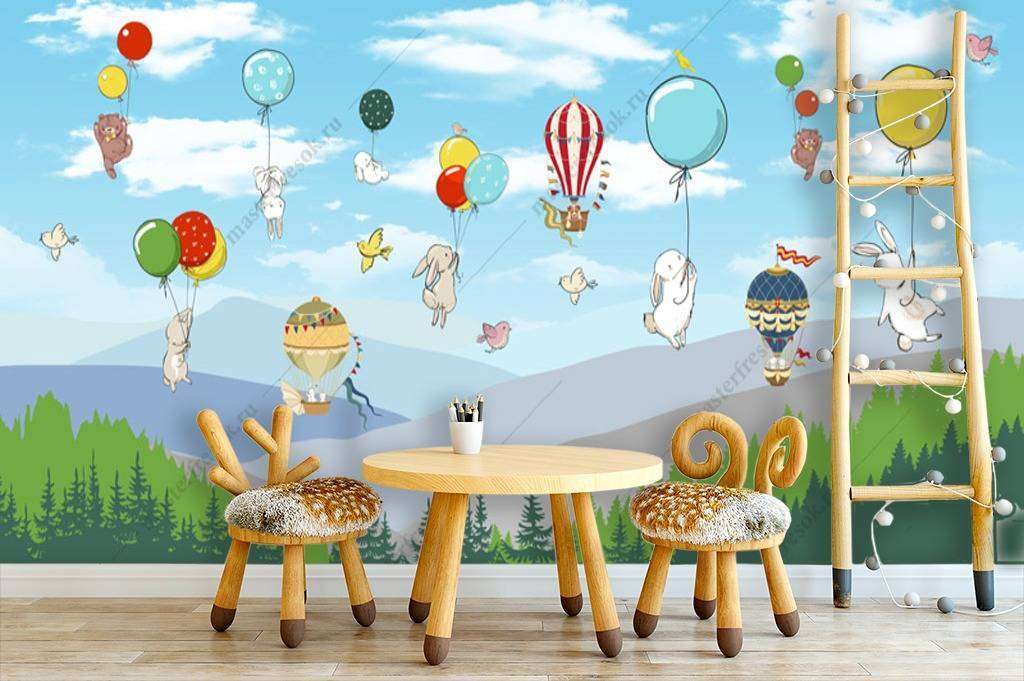 Фотообои в интерьере шарики над лесом  12-949 фото