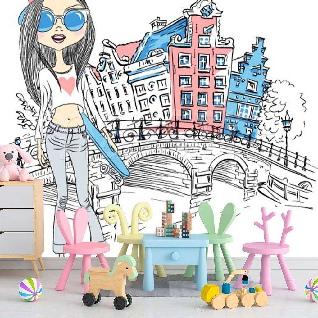 Фотообои в интерьере девочка в городе  12-492 фото