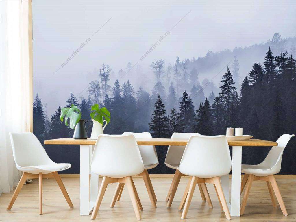Фотообои в интерьере еловый лес в тумане  9-1170 фото