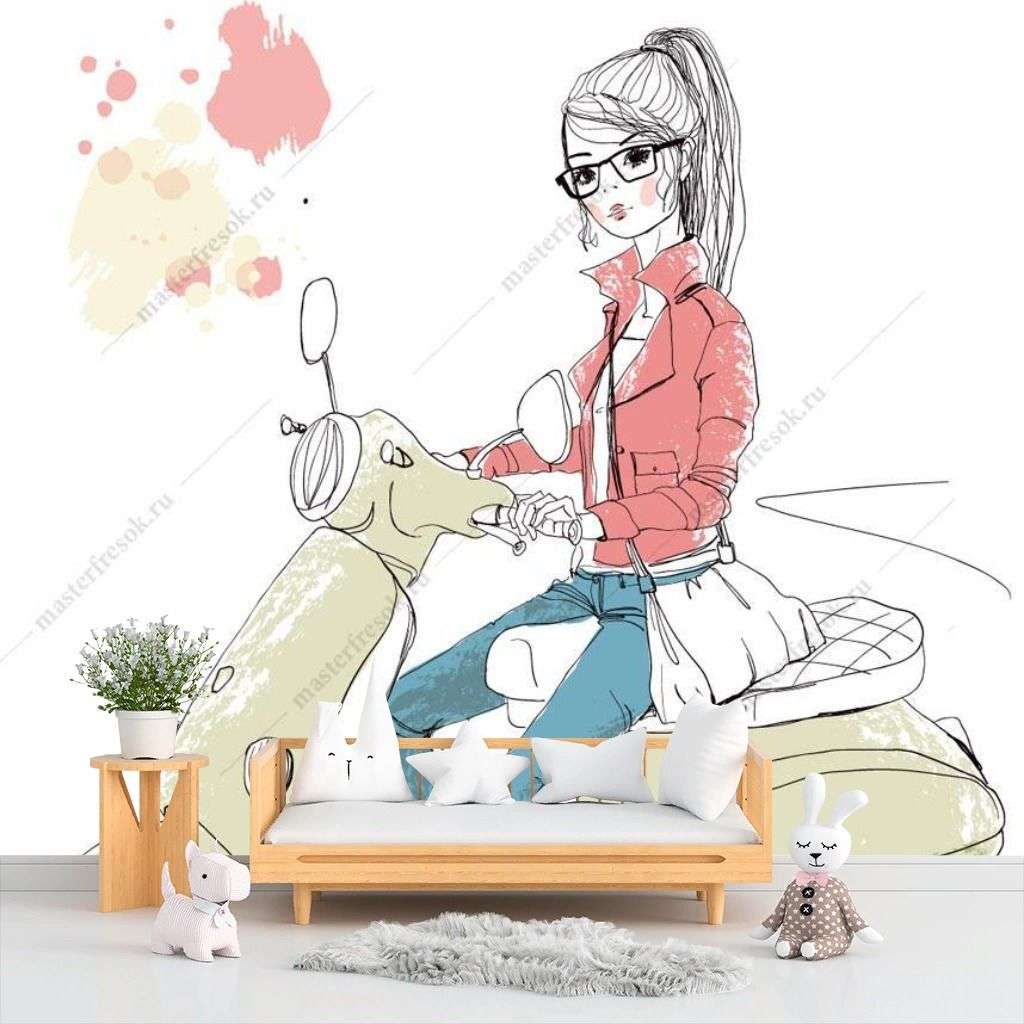 Фотообои в интерьере девушка на скутере  12-1245 фото