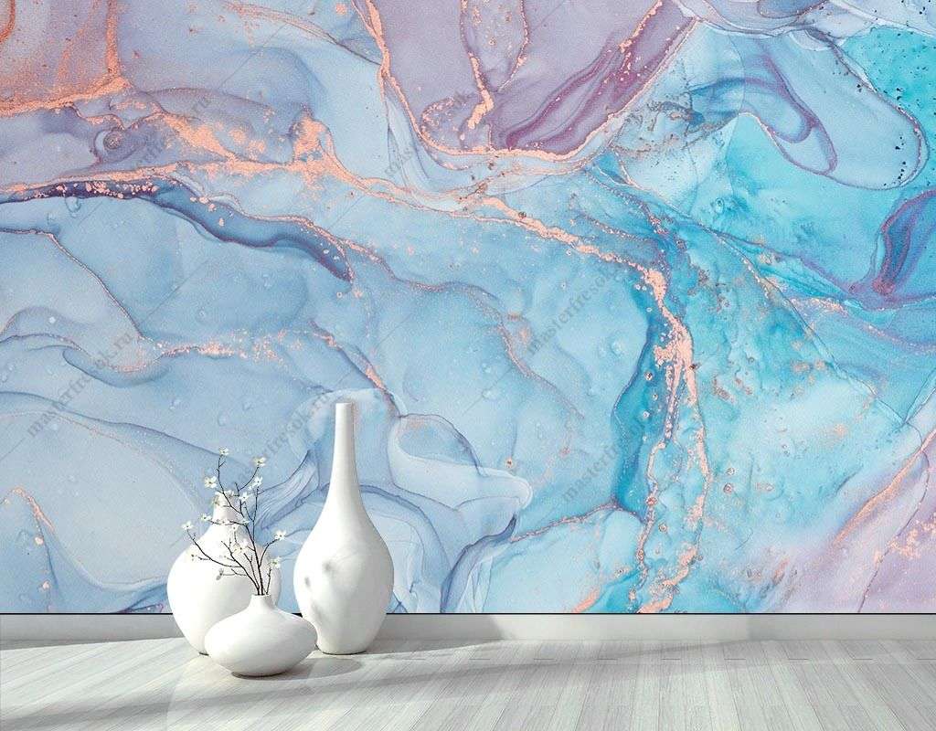 Фотообои в интерьере мрамор голубой с золотыми прожилками  9-1790 фото