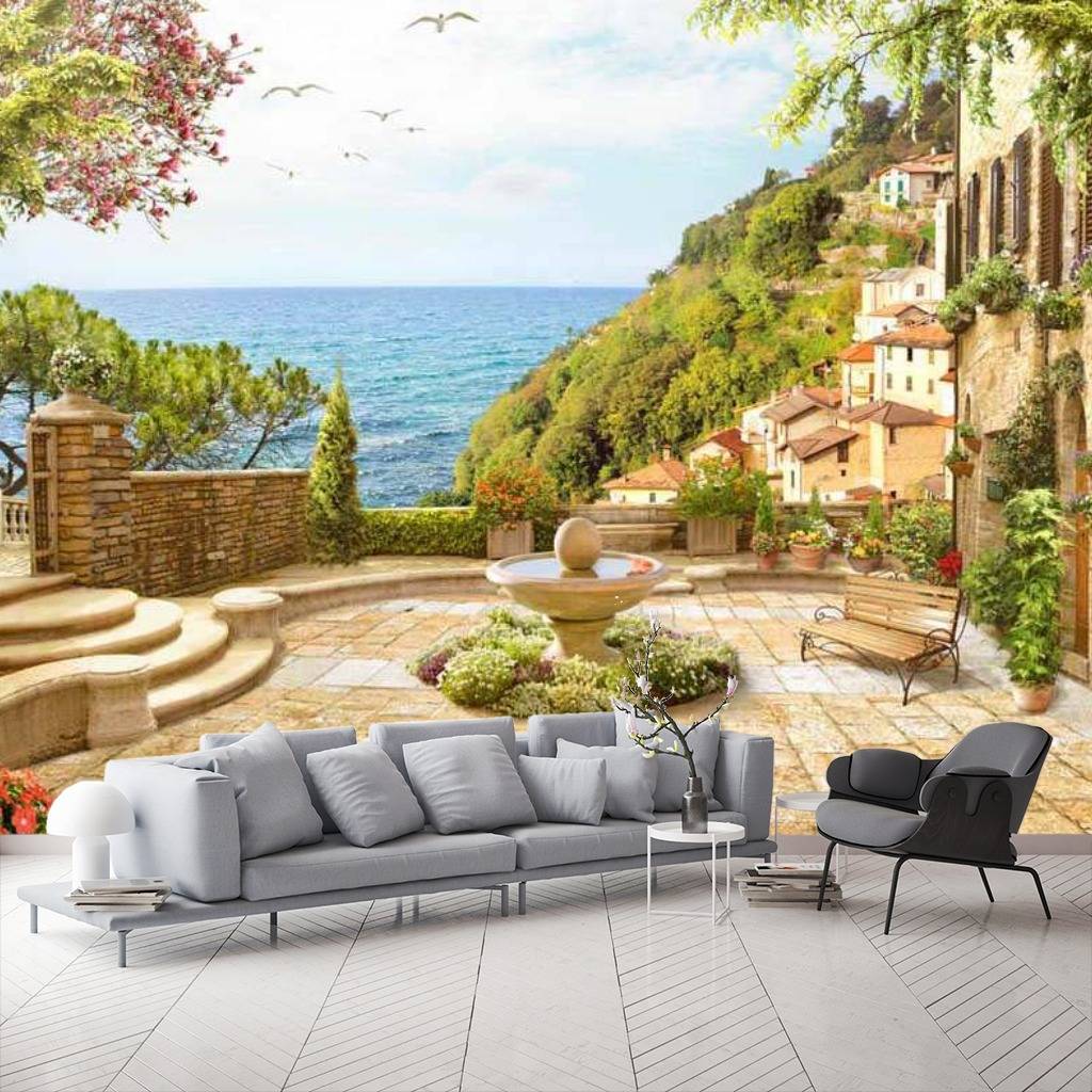 Фотообои Терраса с фонтаном у моря  17-0115