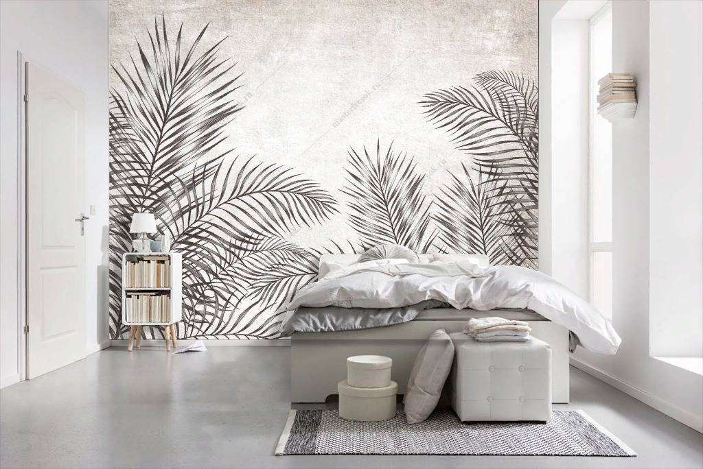 Фотообои в интерьере черно-белые листья  10-761 фото