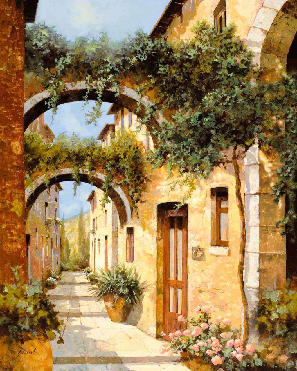 Фотообои в интерьере улочка с арками зелени  8-030 фото