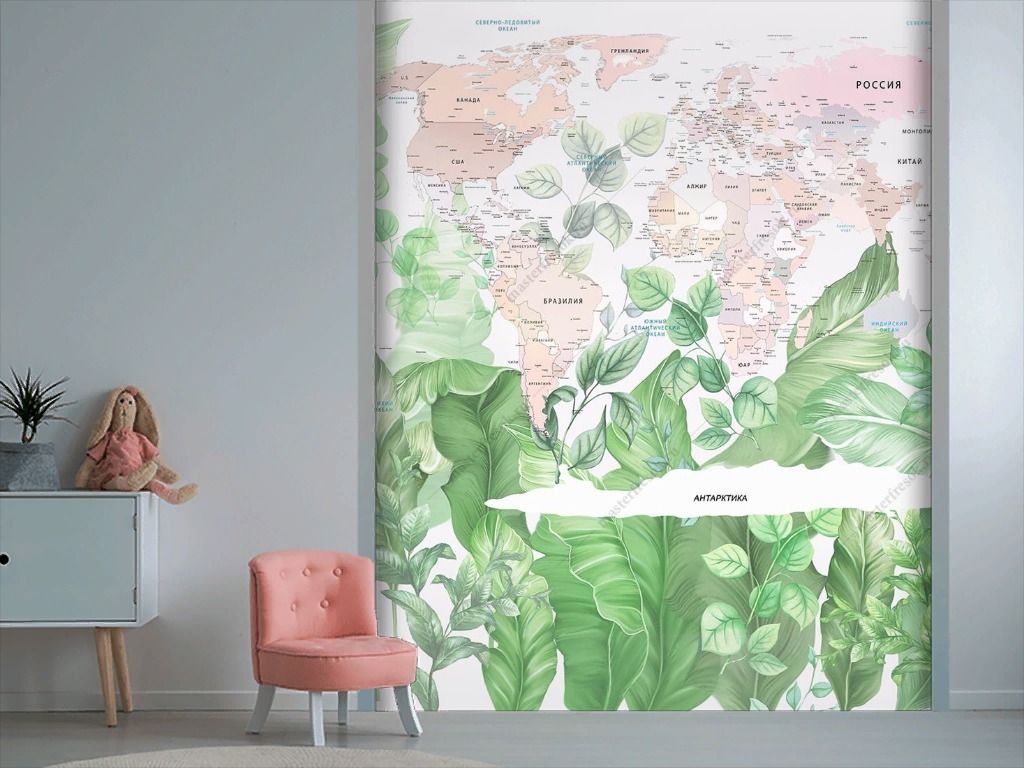 Фотообои Карта мира на фоне ярких листьев   14-701