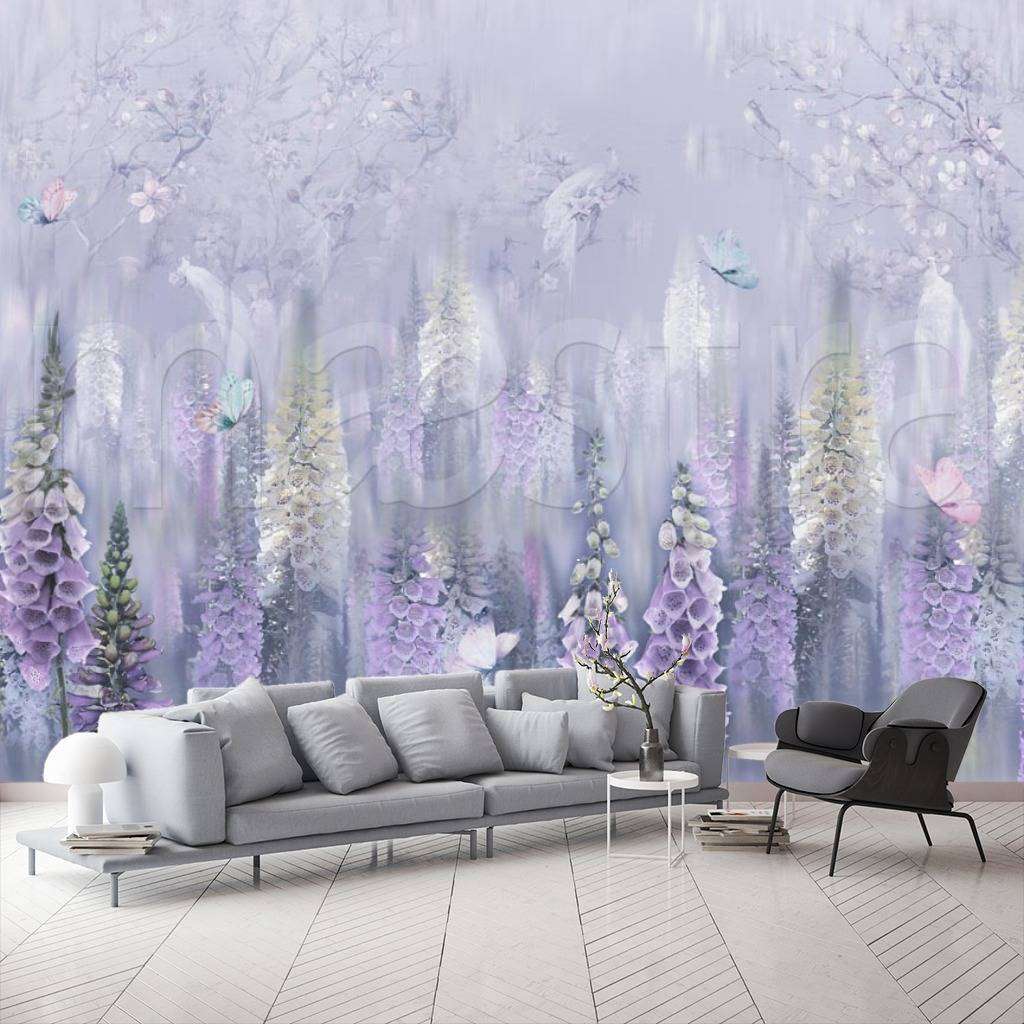 Фотообои в интерьере сиреневый луг  7-918 фото