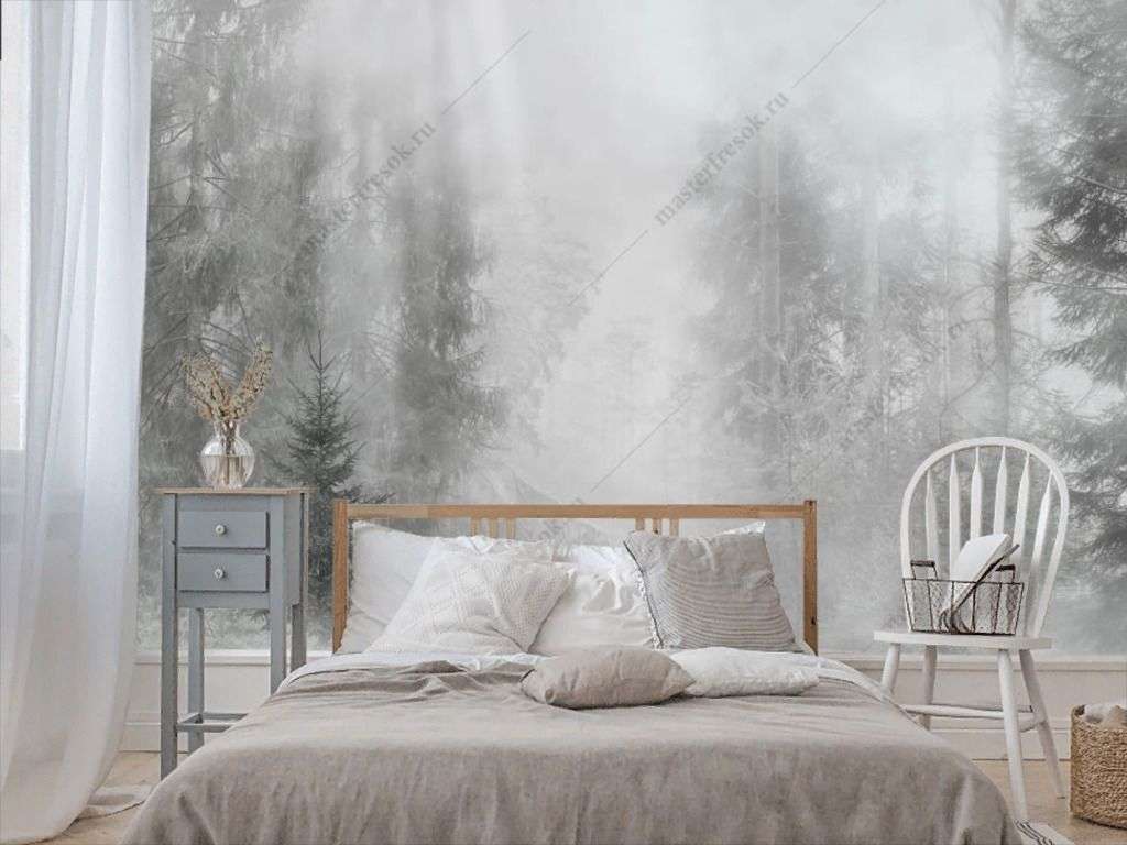 Фотообои в интерьере еловый туманный лес  13-351 фото