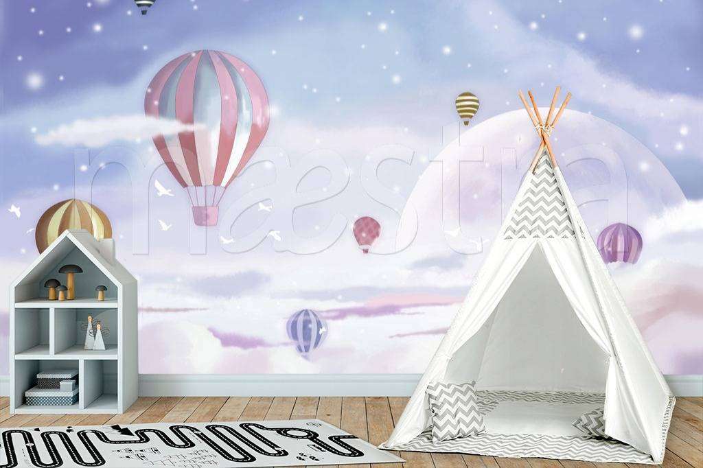 Фотообои в интерьере воздушные шары в розовом небе  12-430 фото