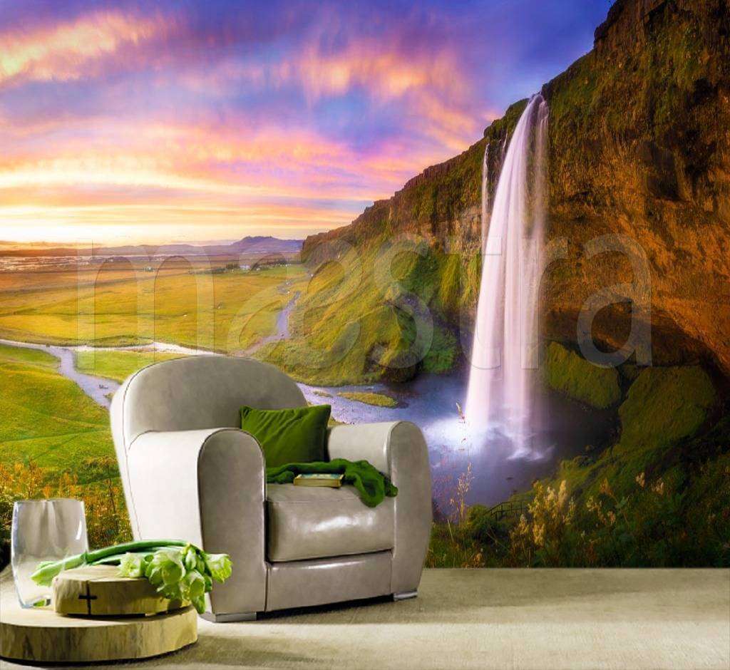 Фотообои в интерьере исландский водопад сельяландфосс на закате  9-893 фото