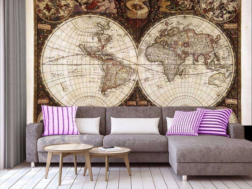 Фотообои в интерьере старинная карта двух полушарий  9-424 фото