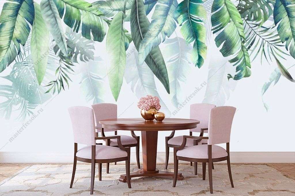 Фотообои в интерьере тропические листья сверху  13-504 фото