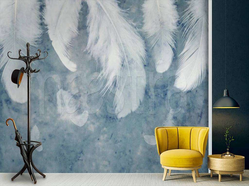 Фотообои в интерьере перья на сизом фоне  15-508 фото