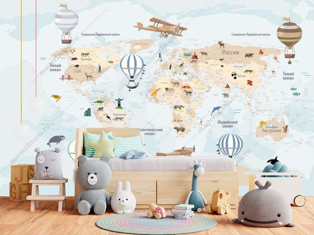 Фотообои в интерьере карта мира на русском  14-289 фото