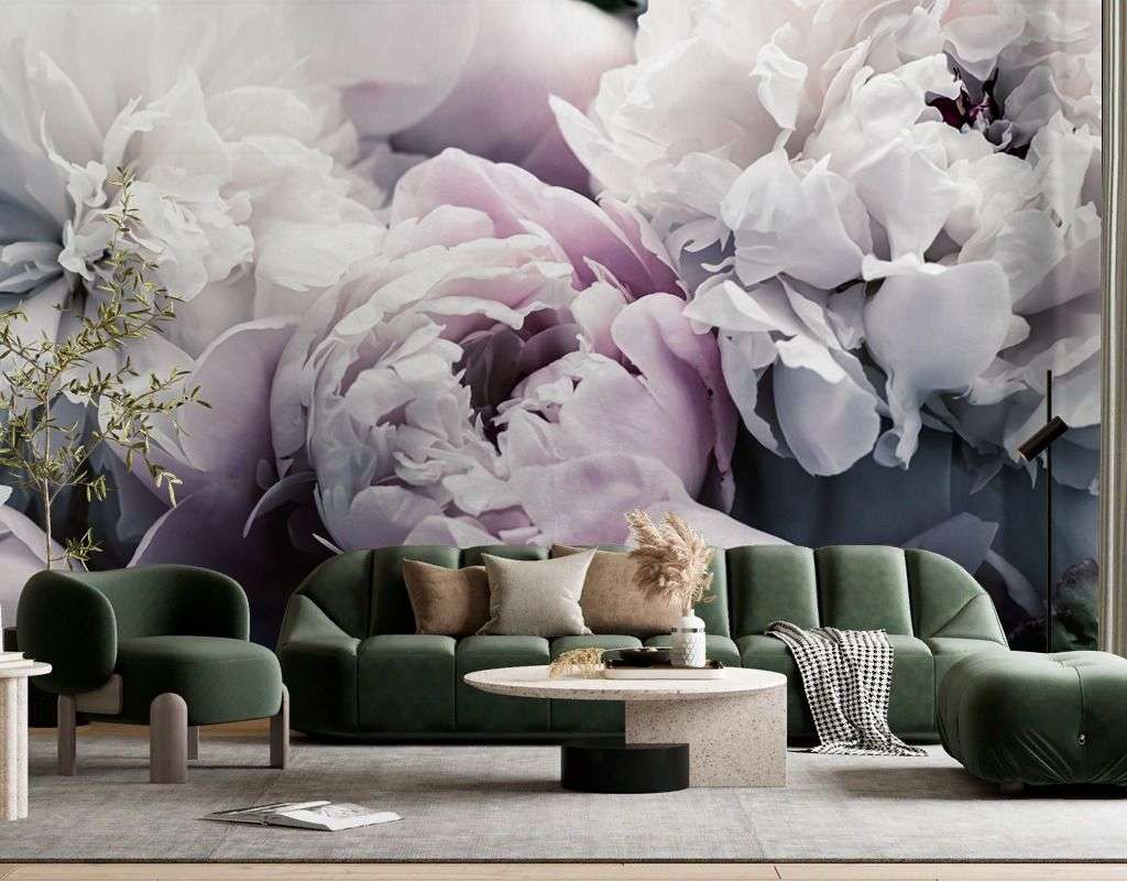 Фотообои в интерьере пионы белые фон  9-2037 фото