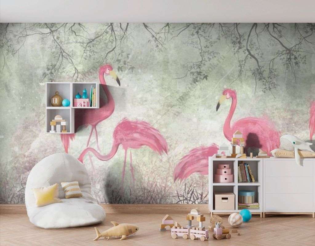 Фотообои в интерьере красивые фламинго в саду  9-1699 фото