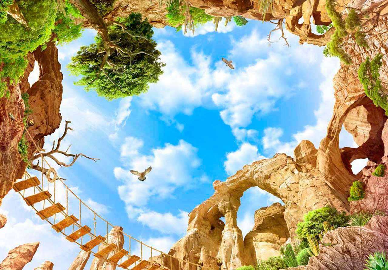 Фотообои в интерьере подвесной мост высоко в горах  11-131 фото