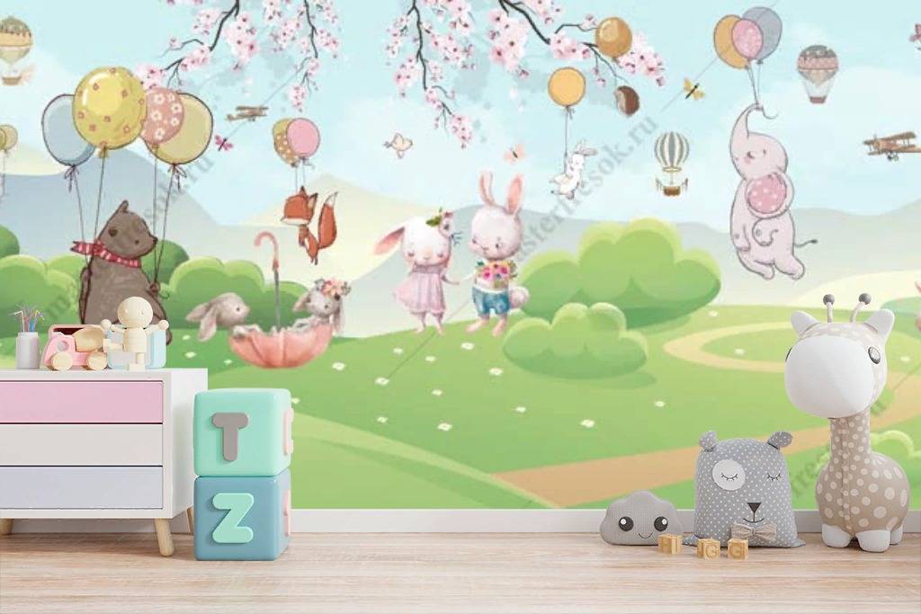 Фотообои Зверята с шарами на поляне  12-1208