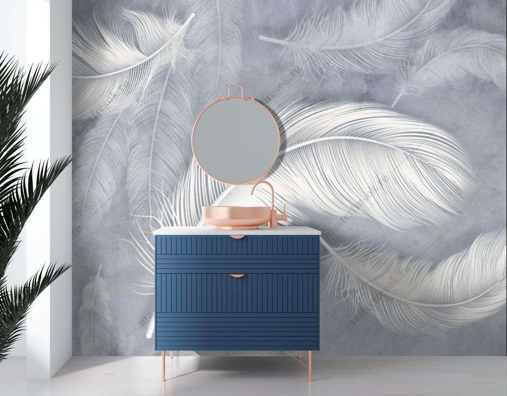 Фотообои в интерьере перышки на сером фоне  14-367 фото