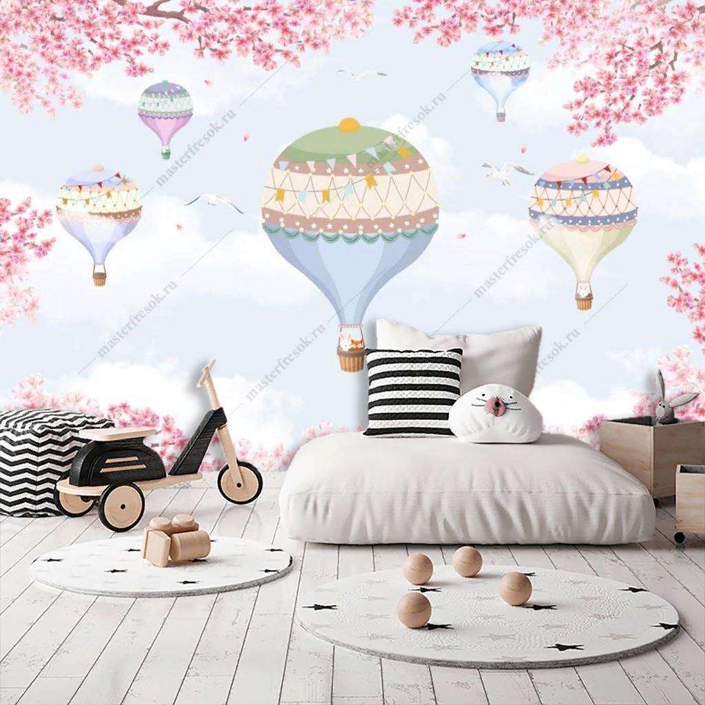 Фотообои в интерьере зайчики на воздушных шариках  14-123 фото