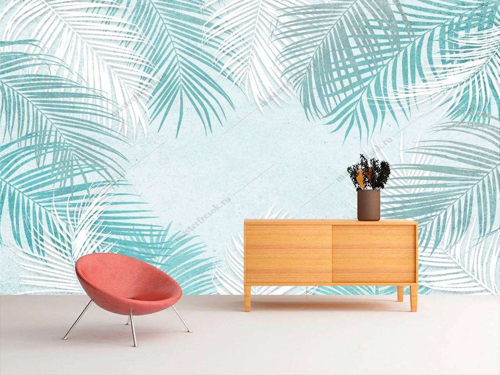 Фотообои в интерьере бело-голубые листья  10-735 фото