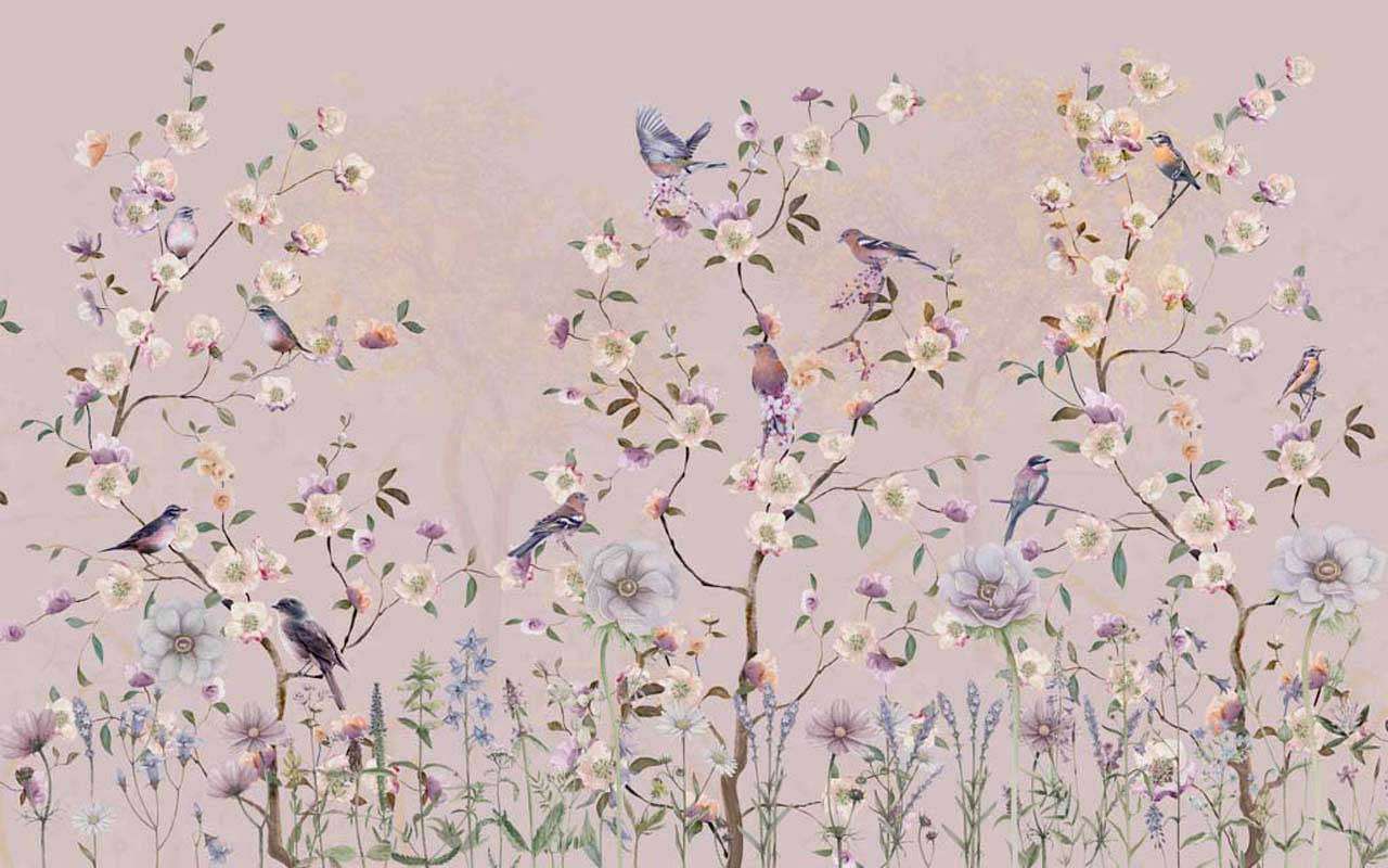 Фотообои в интерьере цветущие деревья с птицами  7-541 фото