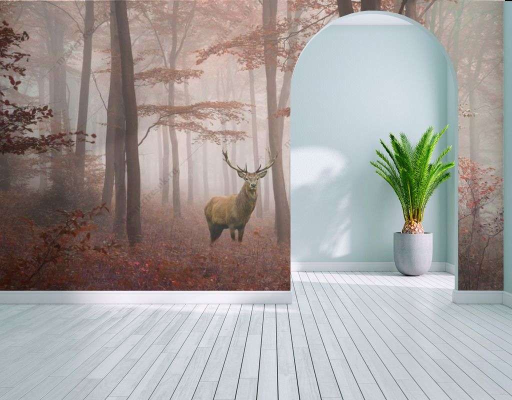 Фотообои в интерьере осенний лес с оленем  9-1529 фото