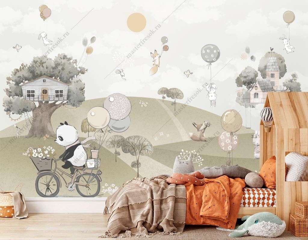 Фотообои в интерьере мишка на велосипеде на полянке  12-1503 фото