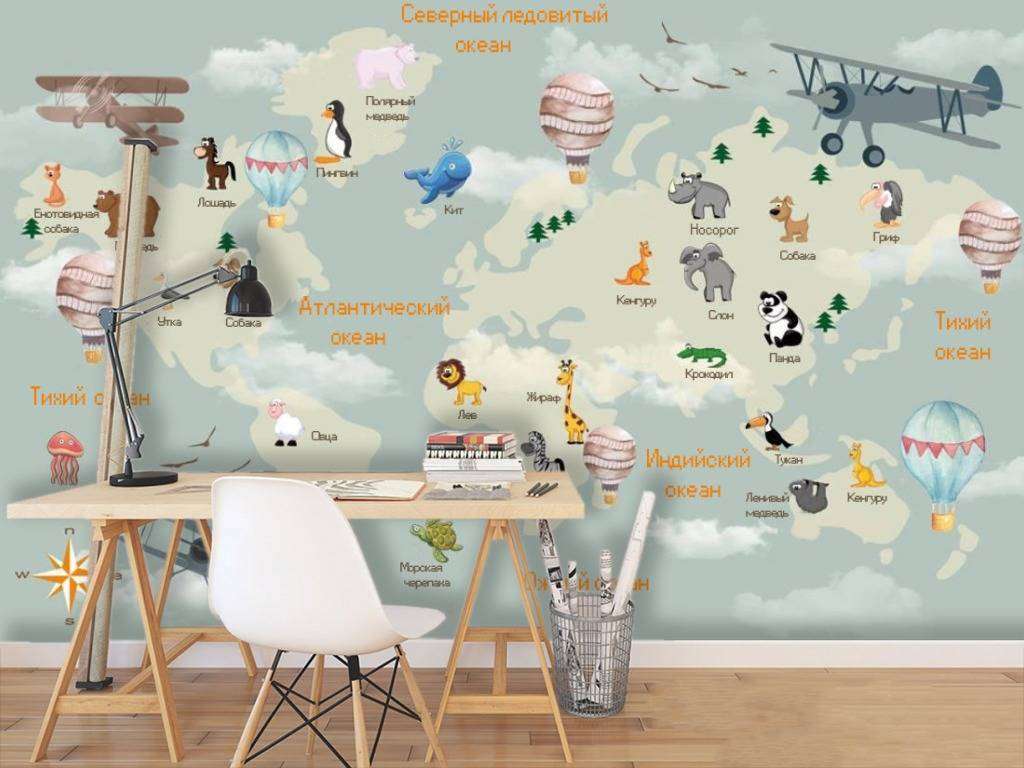 Фотообои в интерьере карта названиями животных  15-330 фото