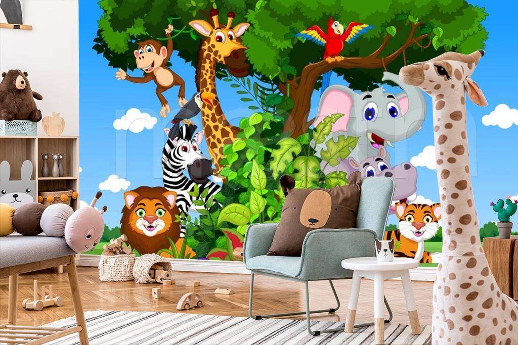 Фотообои в интерьере зверята возле дерева  12-364 фото