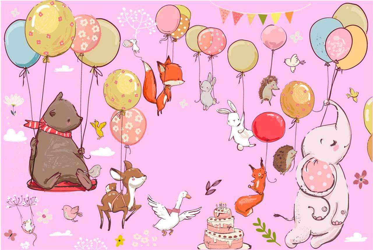 Фотообои в интерьере звери на шарах летят на розовом фоне  12-340 фото